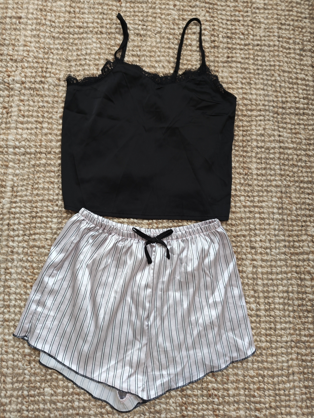 SHEIN Black Lace Cami & White Pinstriped Shorts Pajama Set